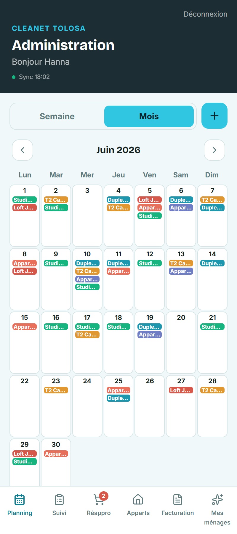 Écran planning de l'application Cleanet Tolosa